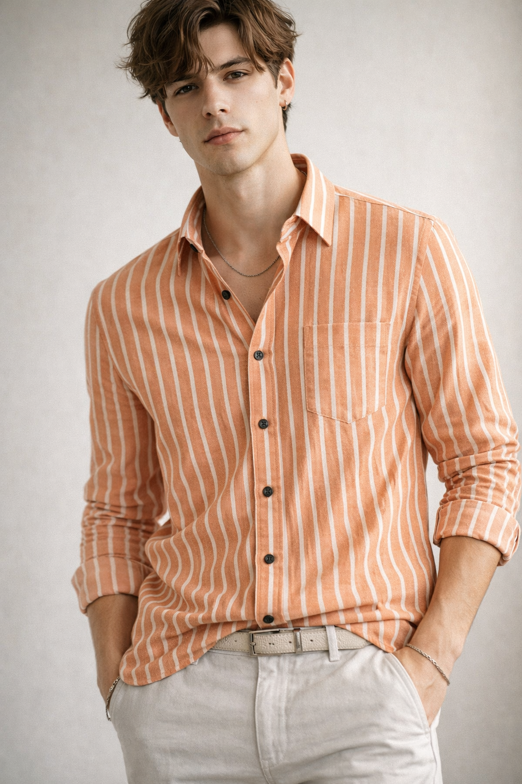 Men’s Classic Orange & White Striped 100% Cotton Casual Shirt - 23376