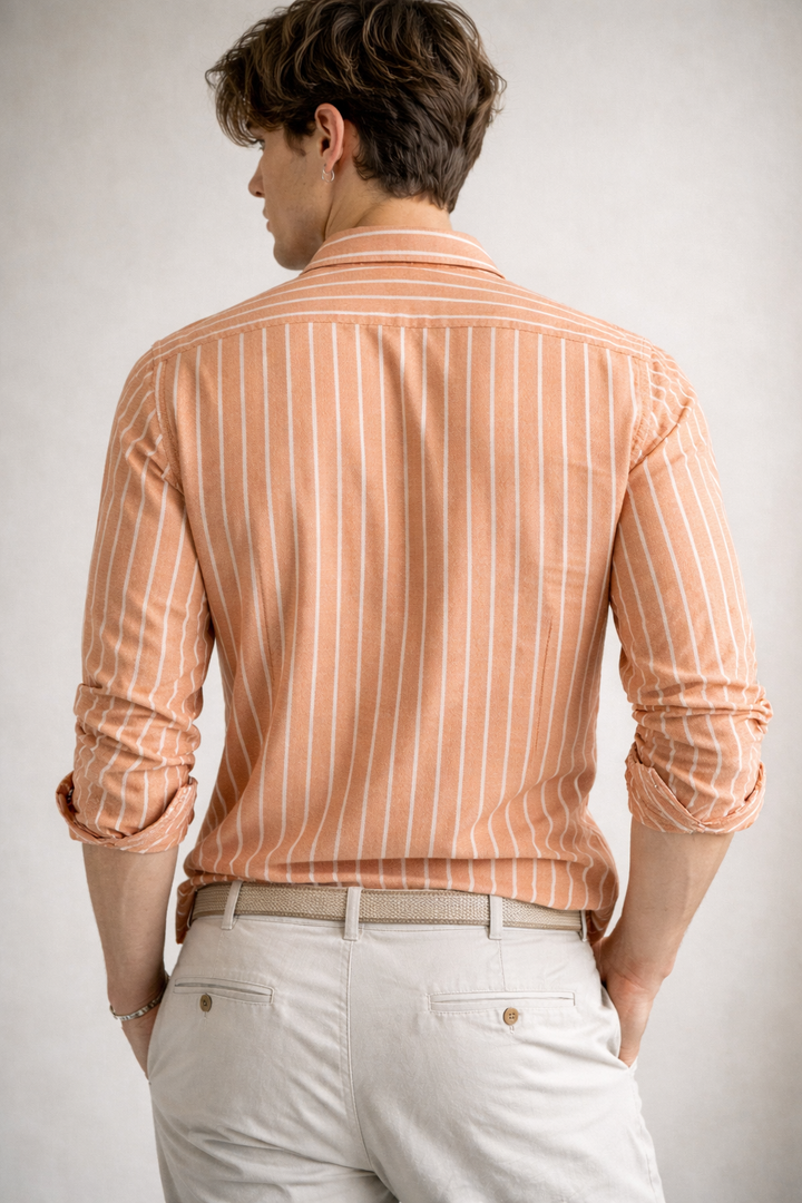 Men’s Classic Orange & White Striped 100% Cotton Casual Shirt - 23376