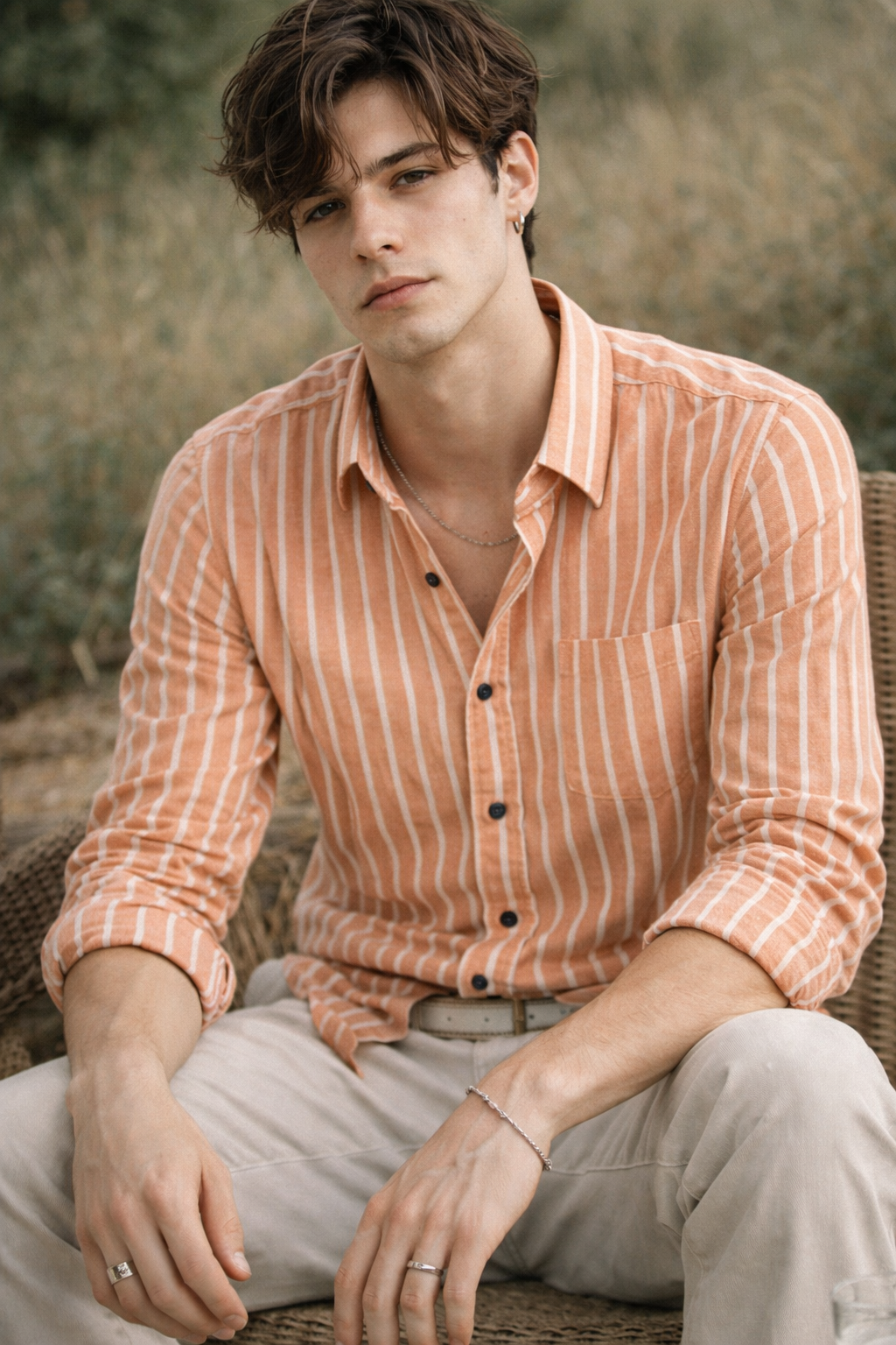Men’s Classic Orange & White Striped 100% Cotton Casual Shirt - 23376