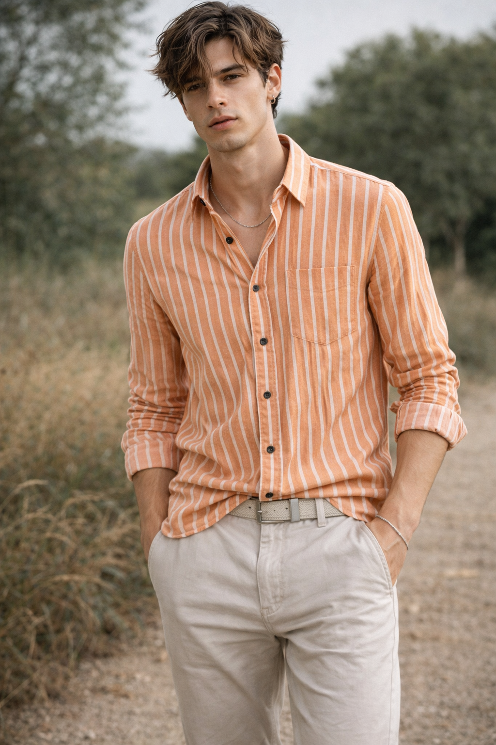 Men’s Classic Orange & White Striped 100% Cotton Casual Shirt - 23376