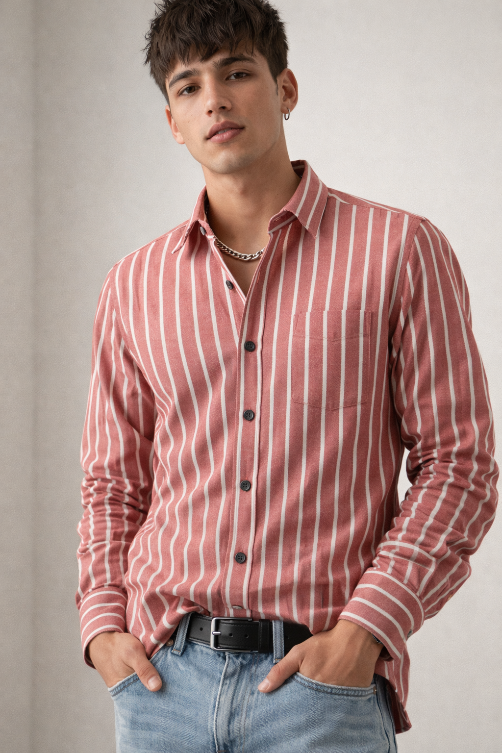 Red & White Striped Cotton Casual Shirt - 23377