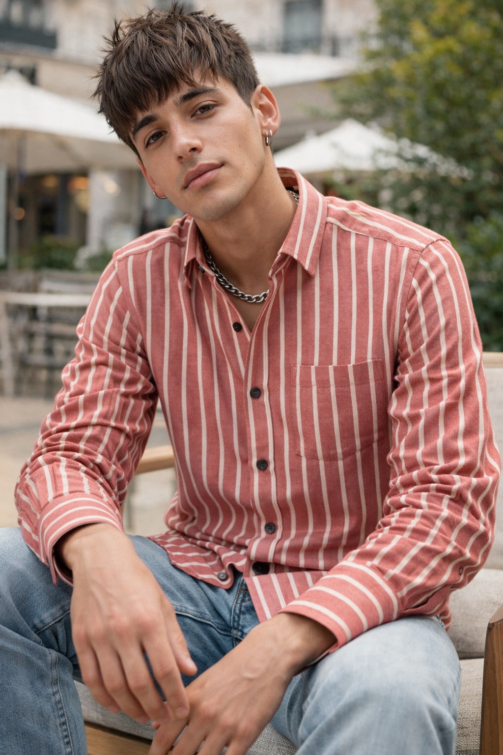 Red & White Striped Cotton Casual Shirt - 23377