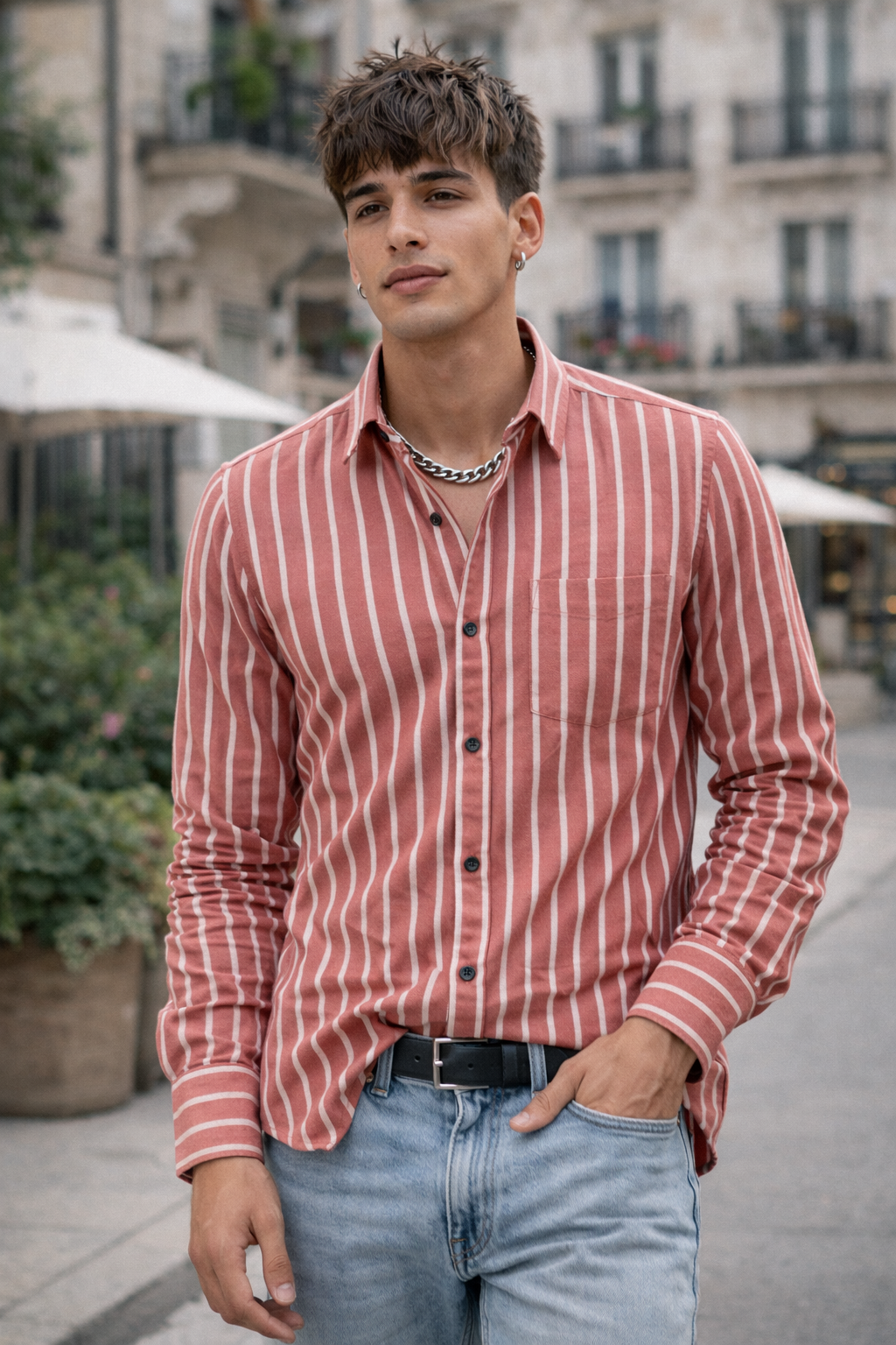 Red & White Striped Cotton Casual Shirt - 23377
