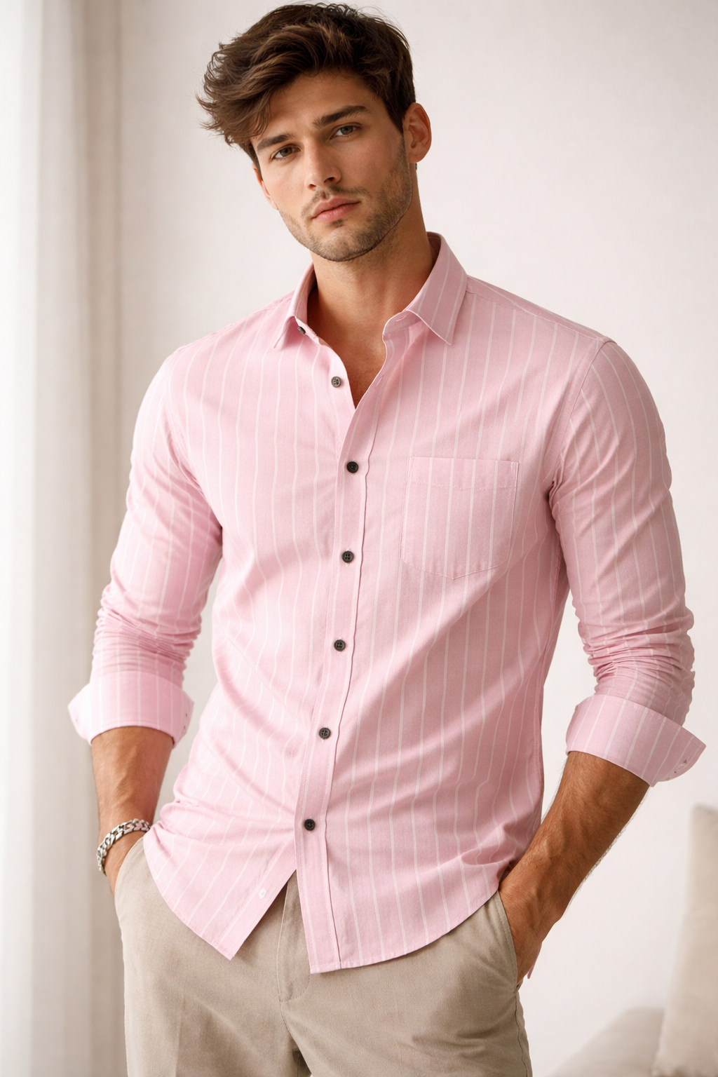 Men’s Pink & White Striped Cotton Casual Shirt - 23375
