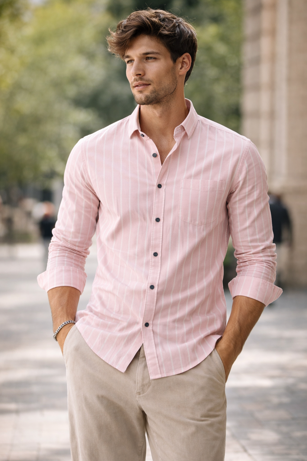 Men’s Pink & White Striped Cotton Casual Shirt - 23375