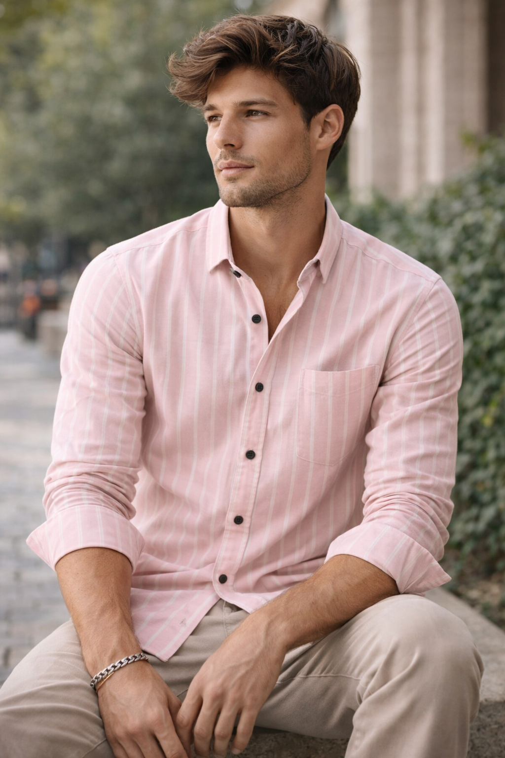 Men’s Pink & White Striped Cotton Casual Shirt - 23375