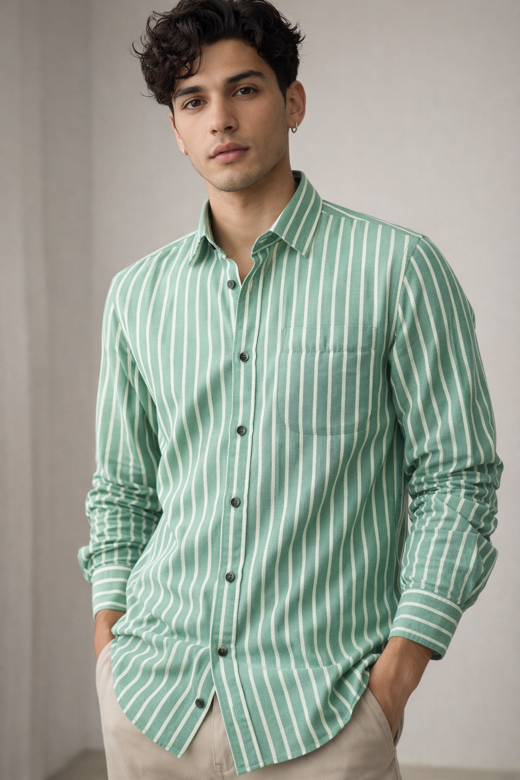 Green & White Vertical Stripe 100% Cotton Casual Shirt for Men - 23378