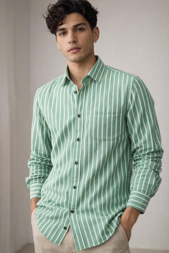 Green & White Vertical Stripe 100% Cotton Casual Shirt for Men - 23378