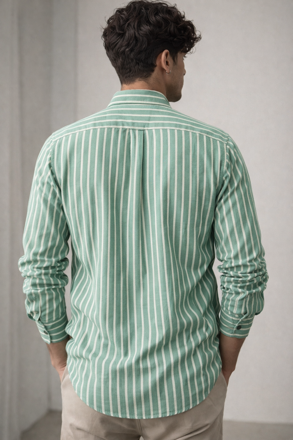 Green & White Vertical Stripe 100% Cotton Casual Shirt for Men - 23378