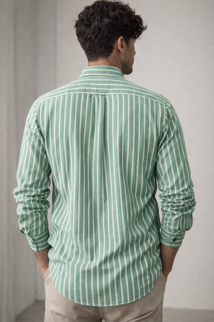 Green & White Vertical Stripe 100% Cotton Casual Shirt for Men - 23378