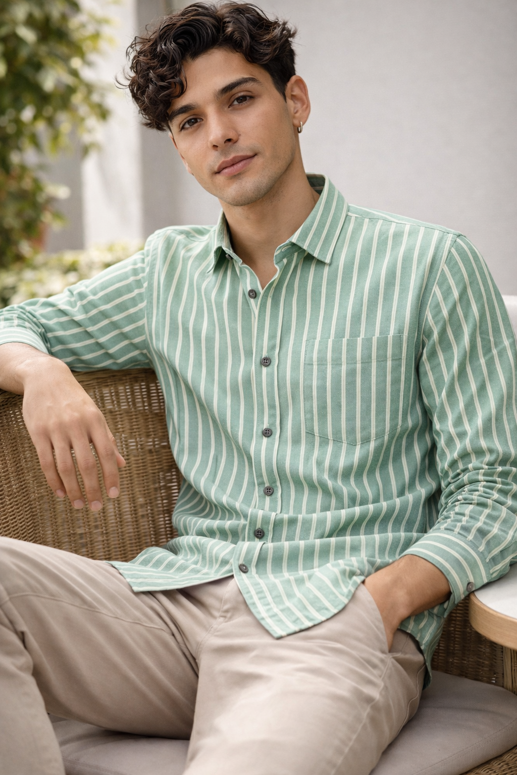 Green & White Vertical Stripe 100% Cotton Casual Shirt for Men - 23378
