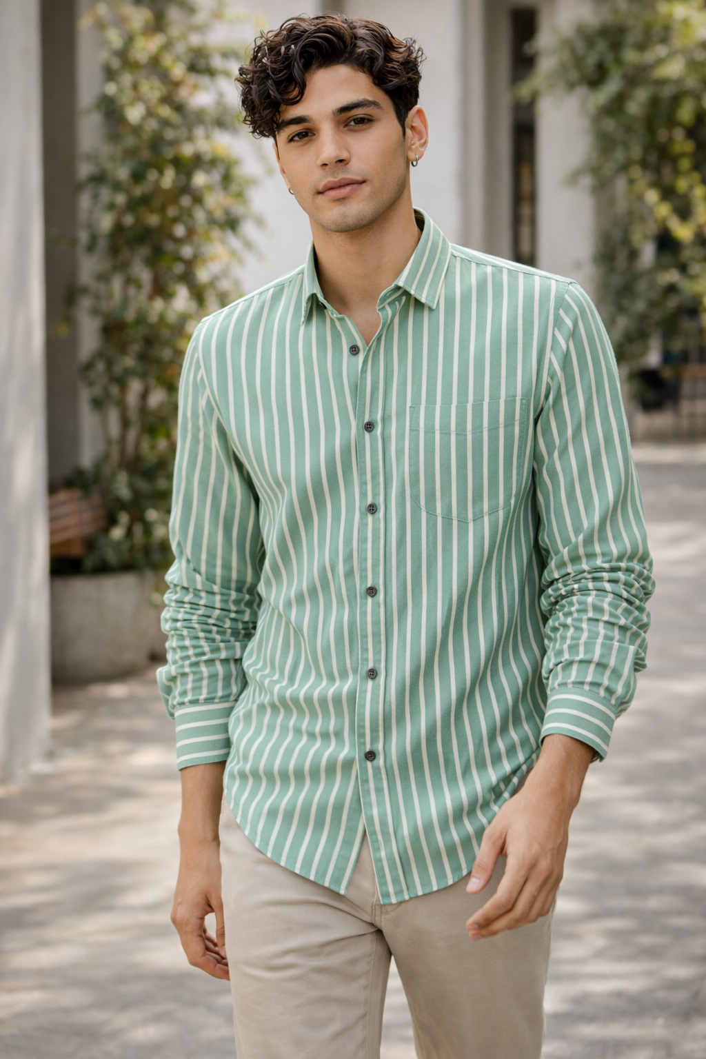 Green & White Vertical Stripe 100% Cotton Casual Shirt for Men - 23378