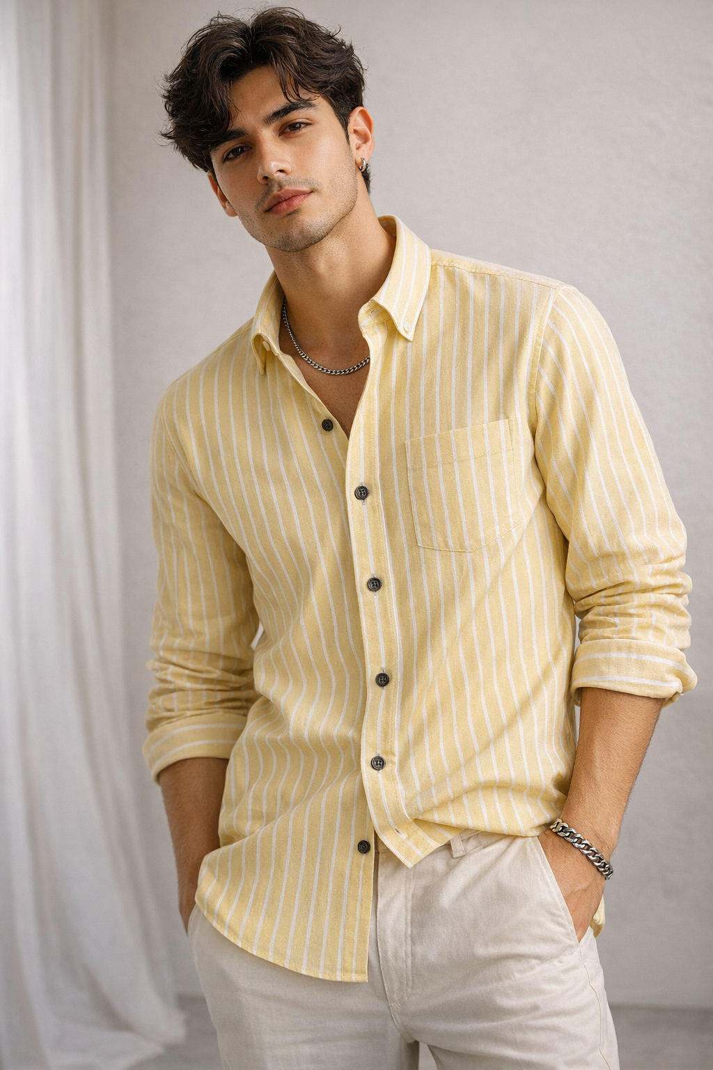Men’s Yellow & White Striped Cotton Casual Shirt  - 23374