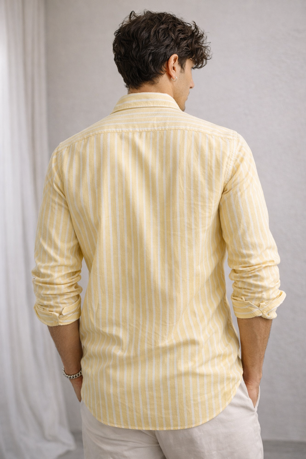 Men’s Yellow & White Striped Cotton Casual Shirt  - 23374
