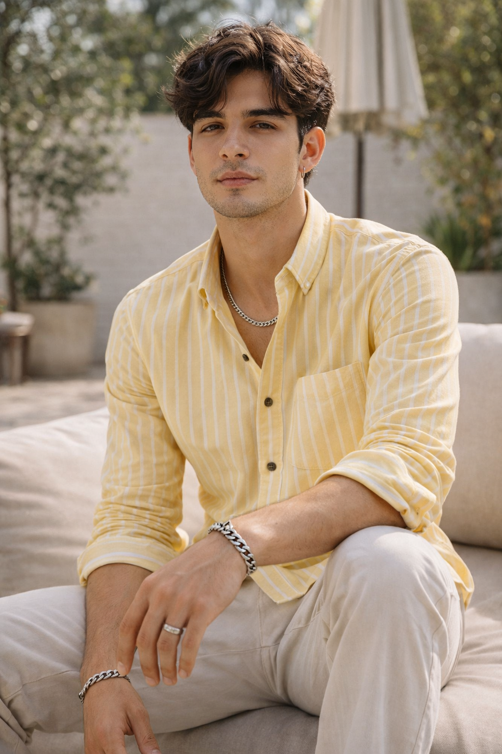 Men’s Yellow & White Striped Cotton Casual Shirt  - 23374