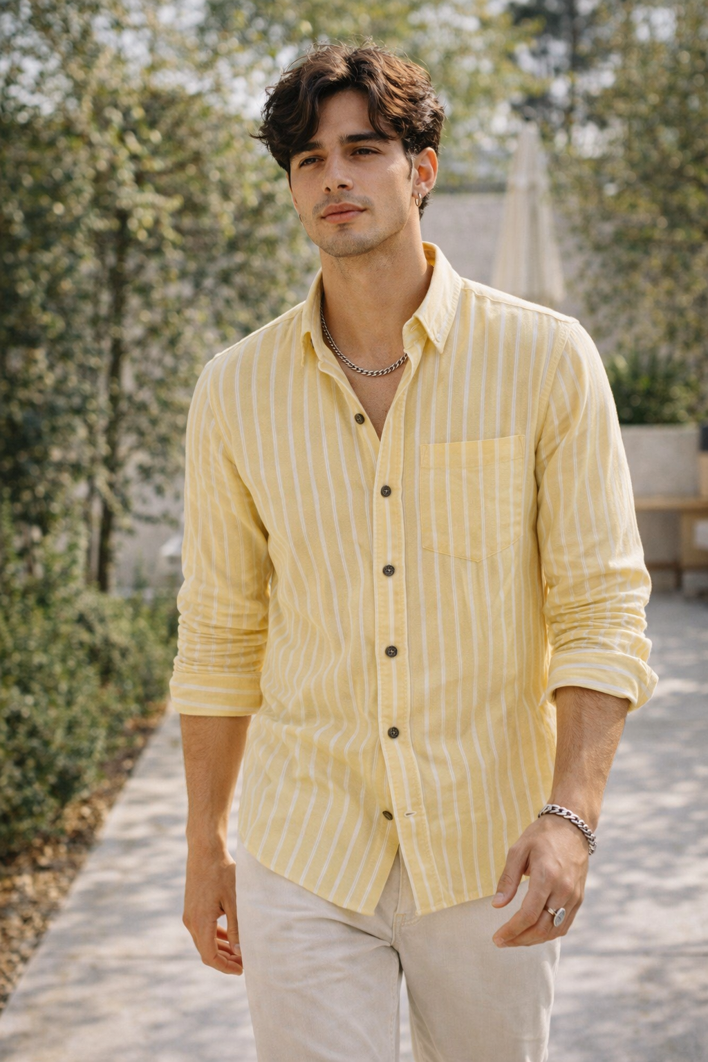 Men’s Yellow & White Striped Cotton Casual Shirt  - 23374