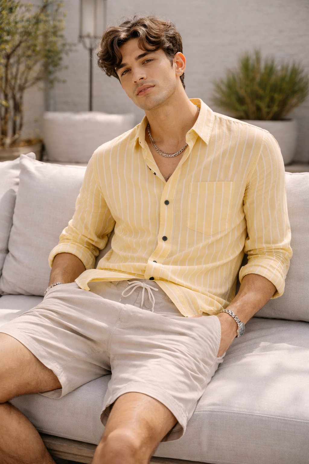 Men’s Yellow & White Striped Cotton Casual Shirt  - 23374