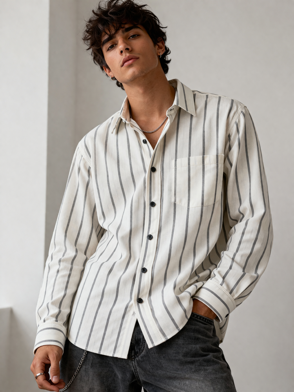 Premium White Cotton  Striped Casual Shirt  - 24549