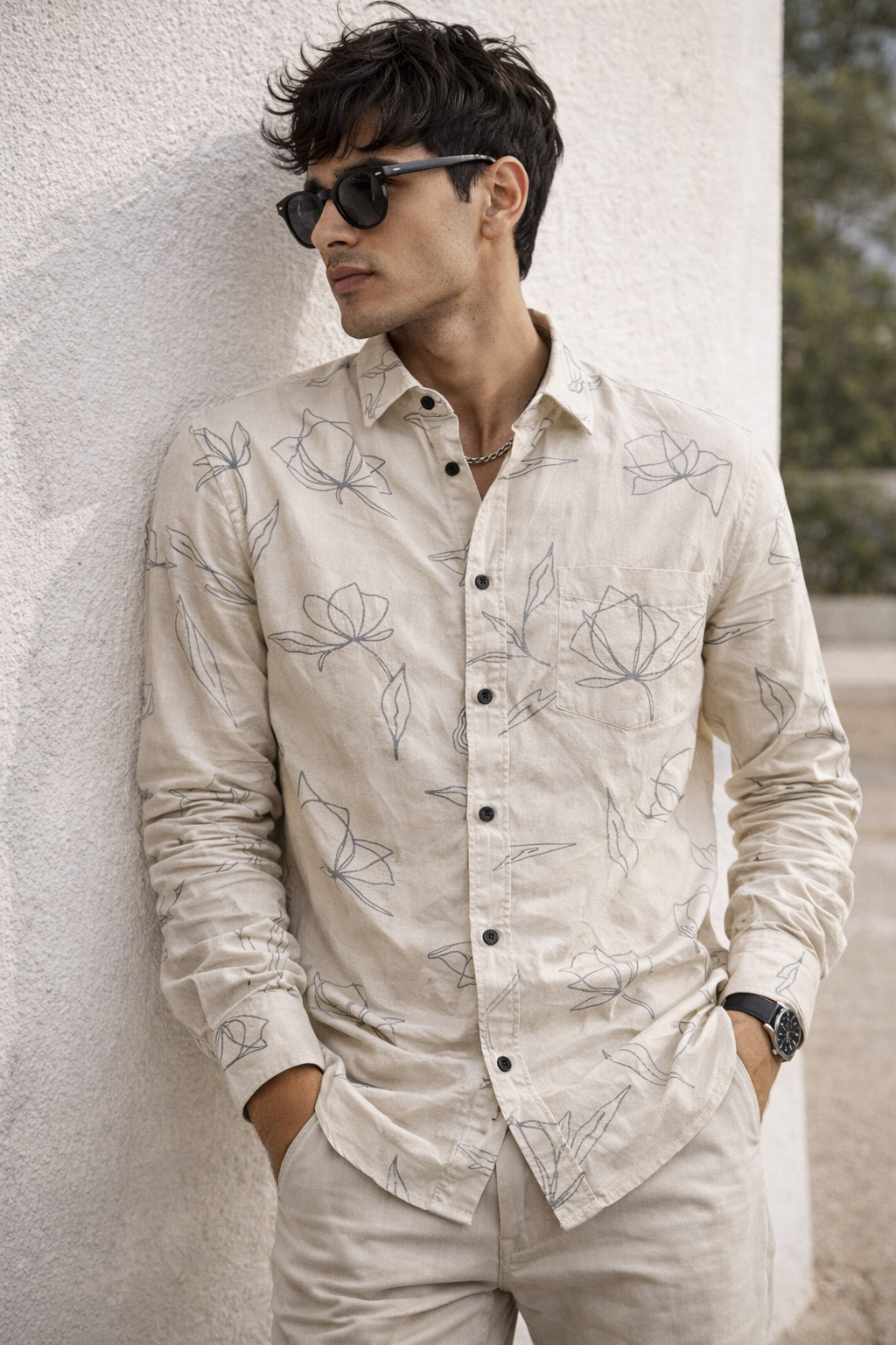 Men’s Beige Floral Line-Art Printed Casual Shirt