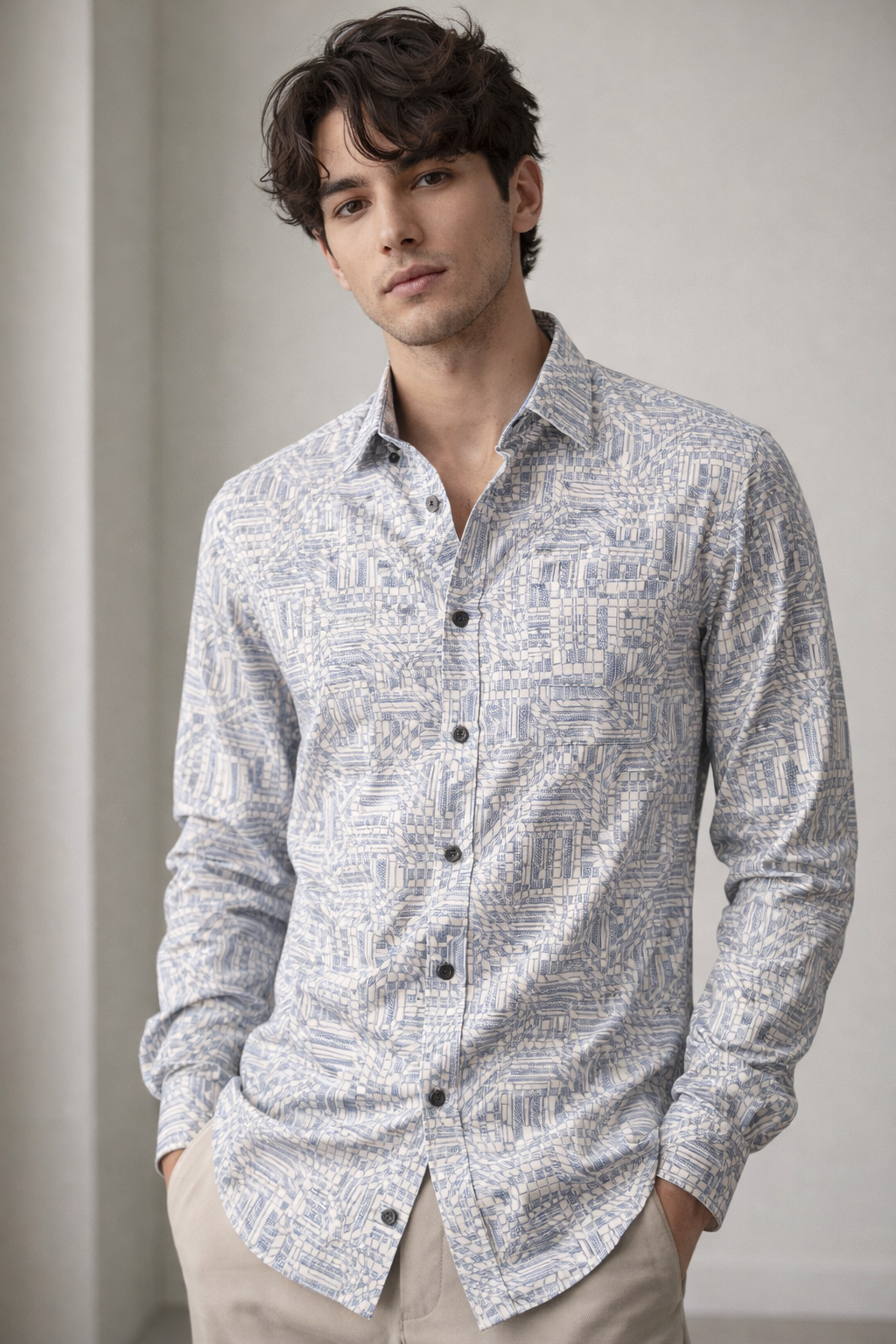 Premium Printed Cotton Shirt – Light Blue Geometric Pattern - 26251