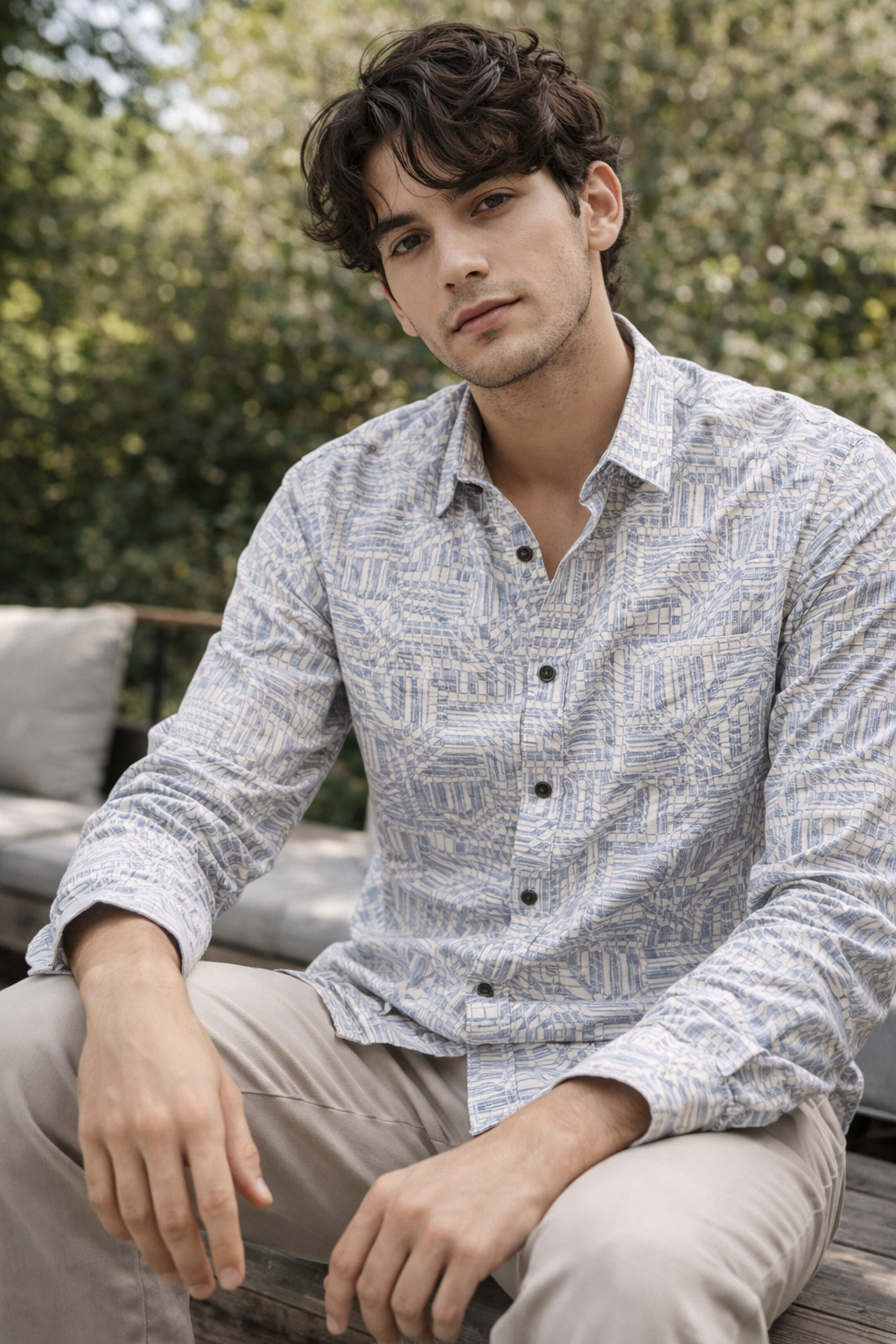 Premium Printed Cotton Shirt – Light Blue Geometric Pattern - 26251