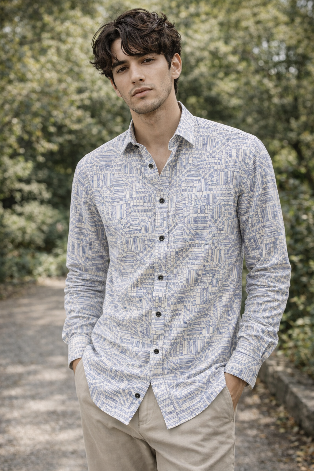 Premium Printed Cotton Shirt – Light Blue Geometric Pattern - 26251