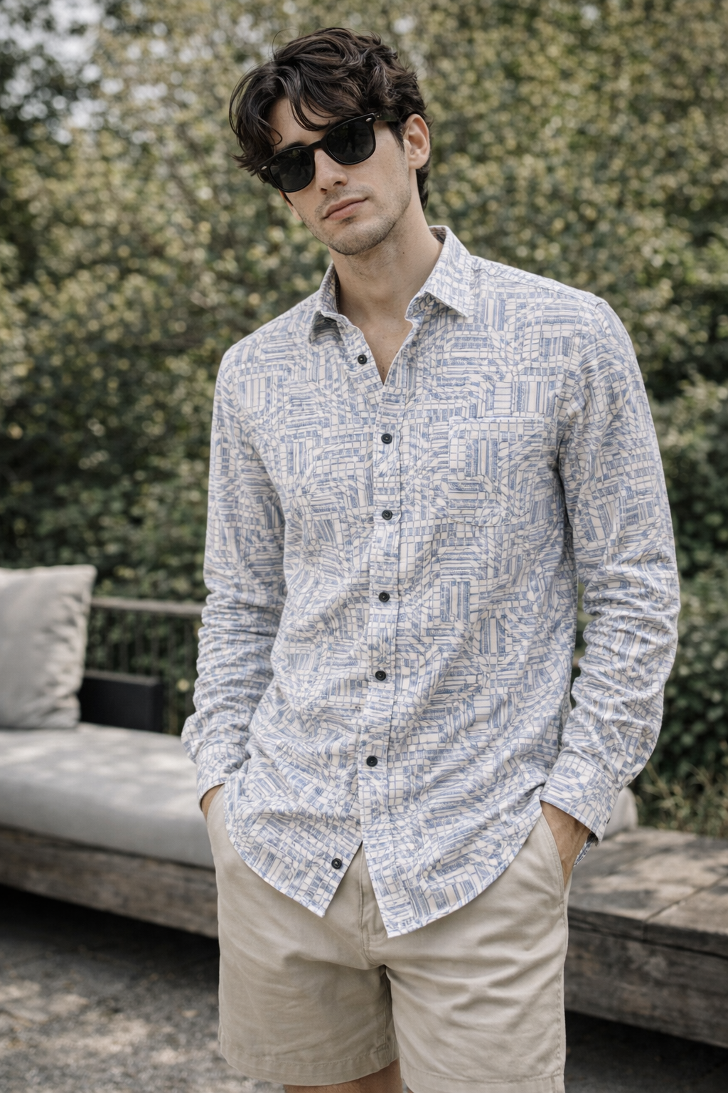 Premium Printed Cotton Shirt – Light Blue Geometric Pattern - 26251