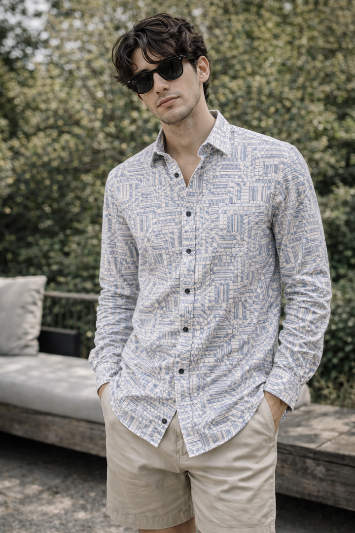 Premium Printed Cotton Shirt – Light Blue Geometric Pattern - 26251