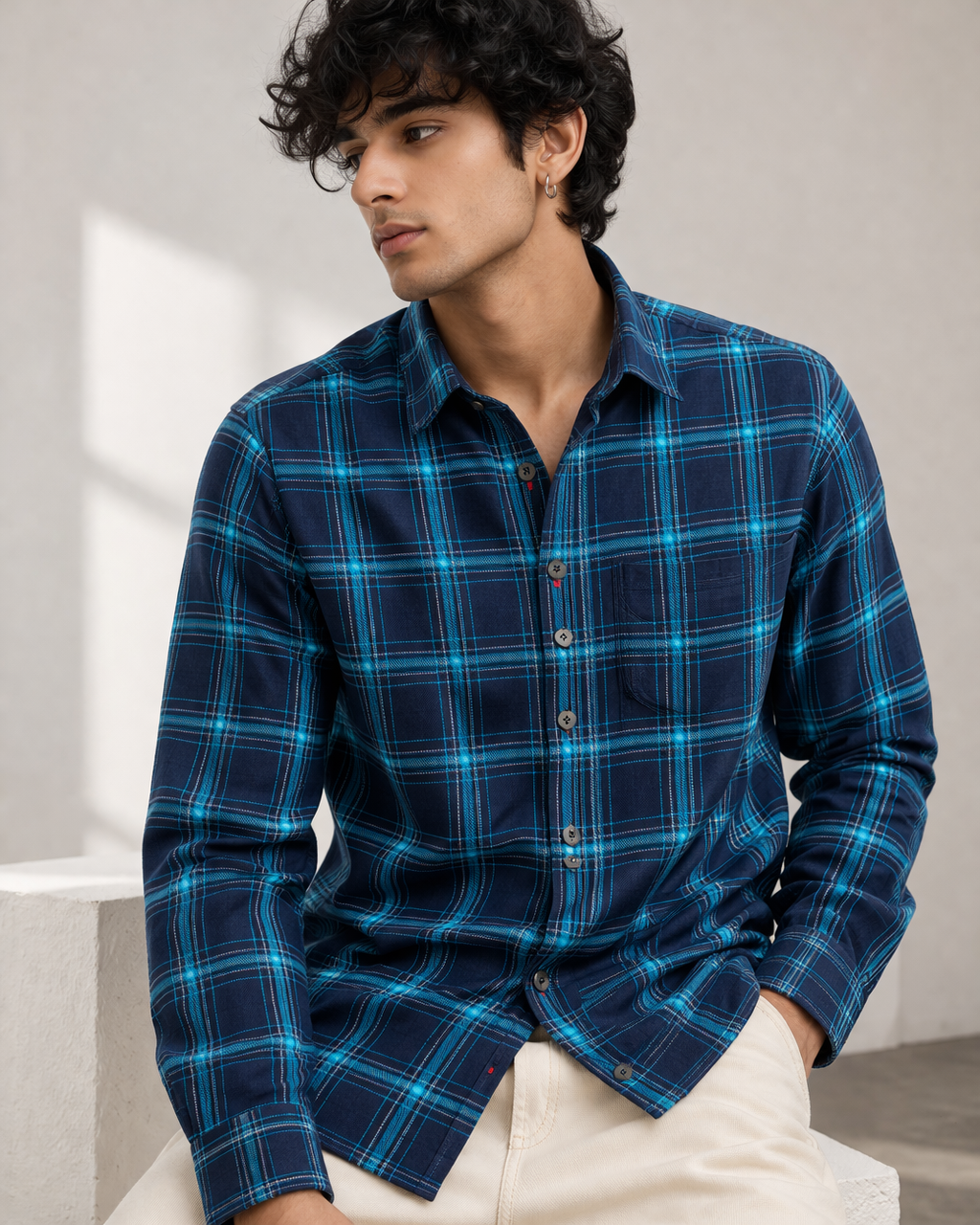 Navy & Teal Plaid Check Shirt - 23630