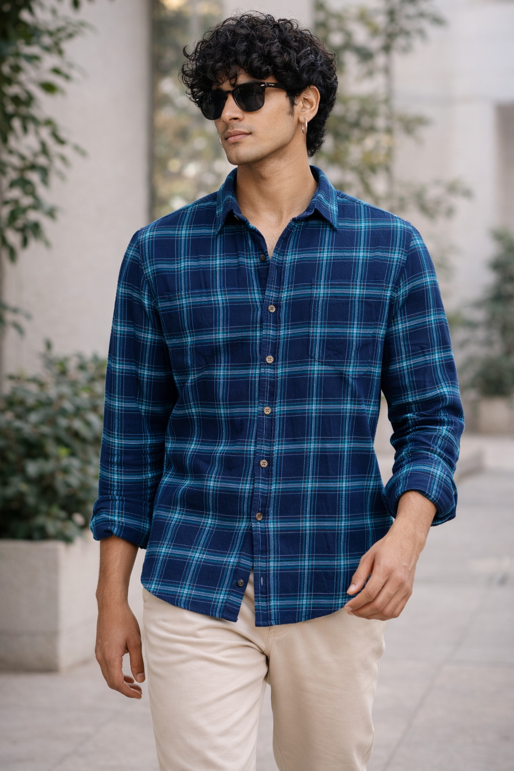 Navy & Teal Plaid Check Shirt - 23630