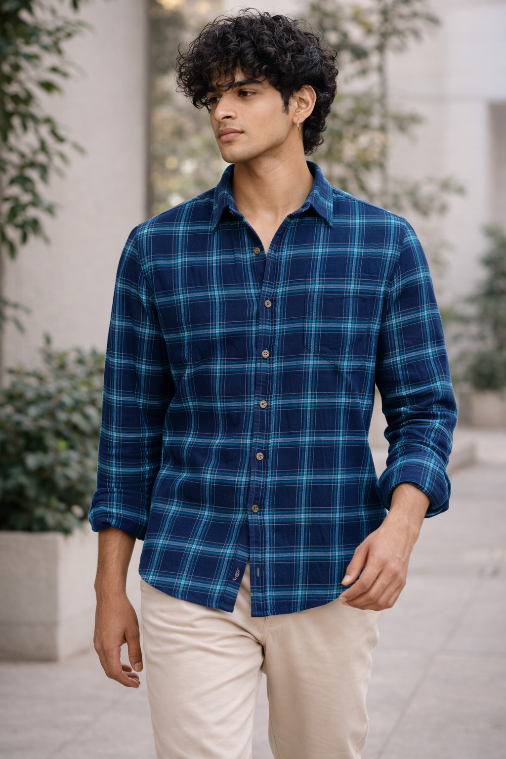Navy & Teal Plaid Check Shirt - 23630