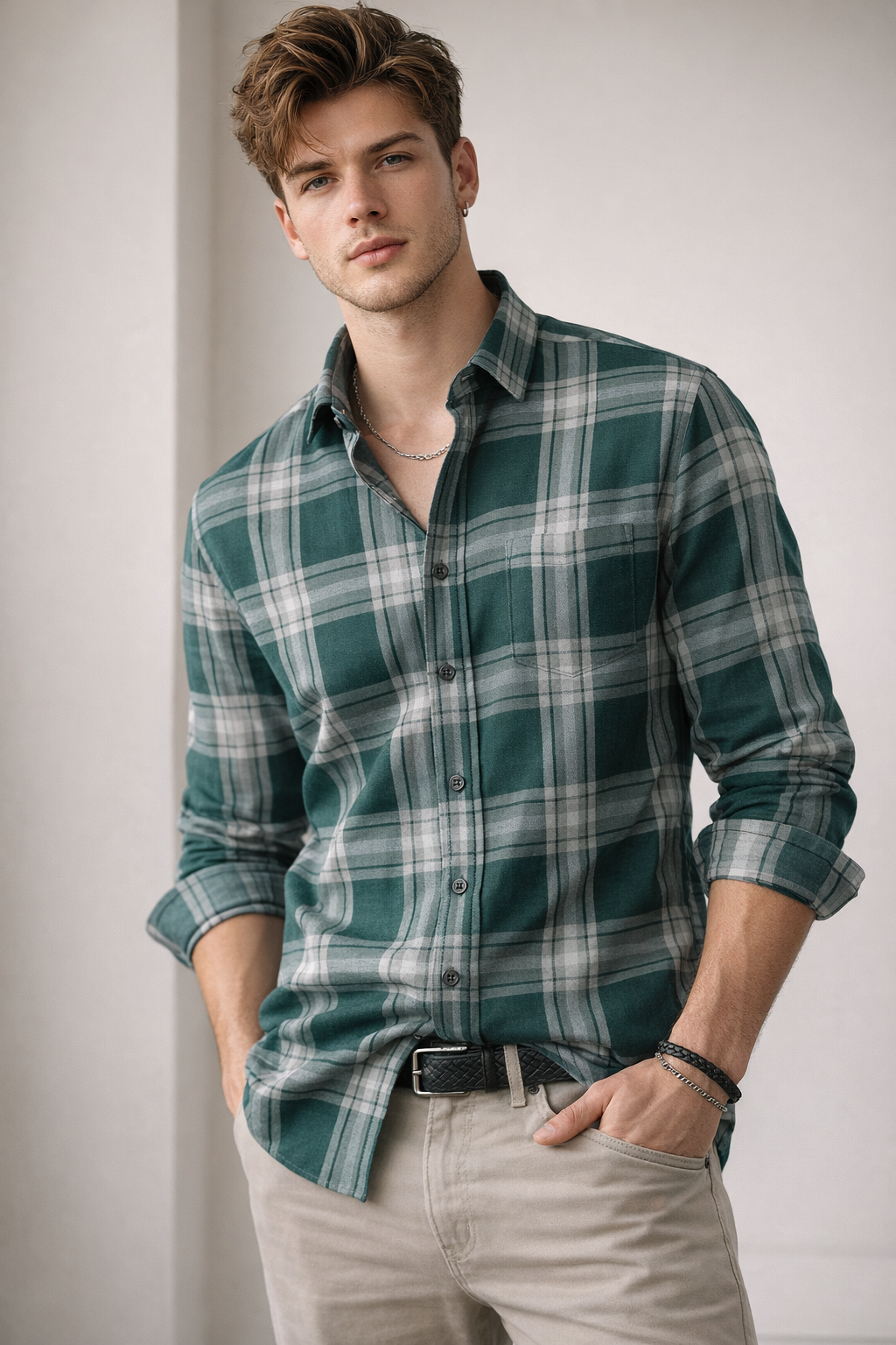 Men’s Casual Green & Grey Checkered Shirt - 25680