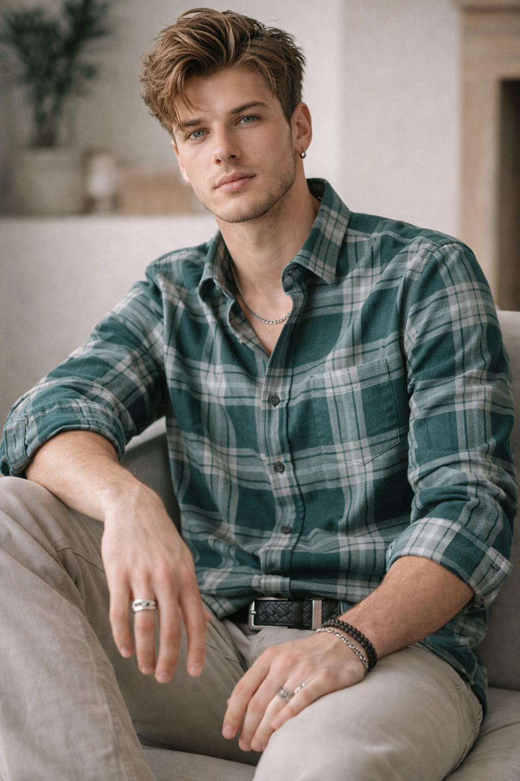 Men’s Casual Green & Grey Checkered Shirt - 25680