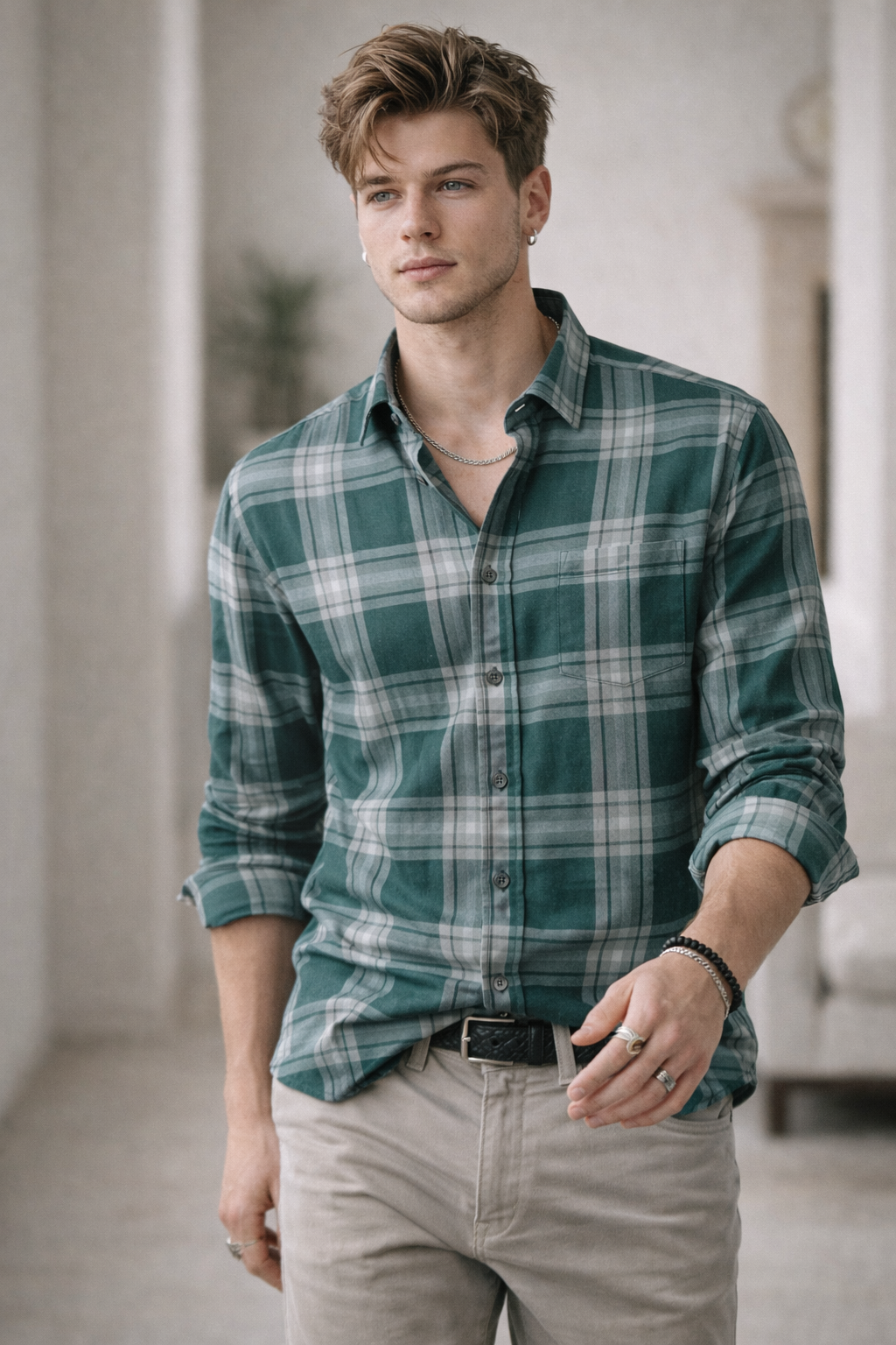 Men’s Casual Green & Grey Checkered Shirt - 25680