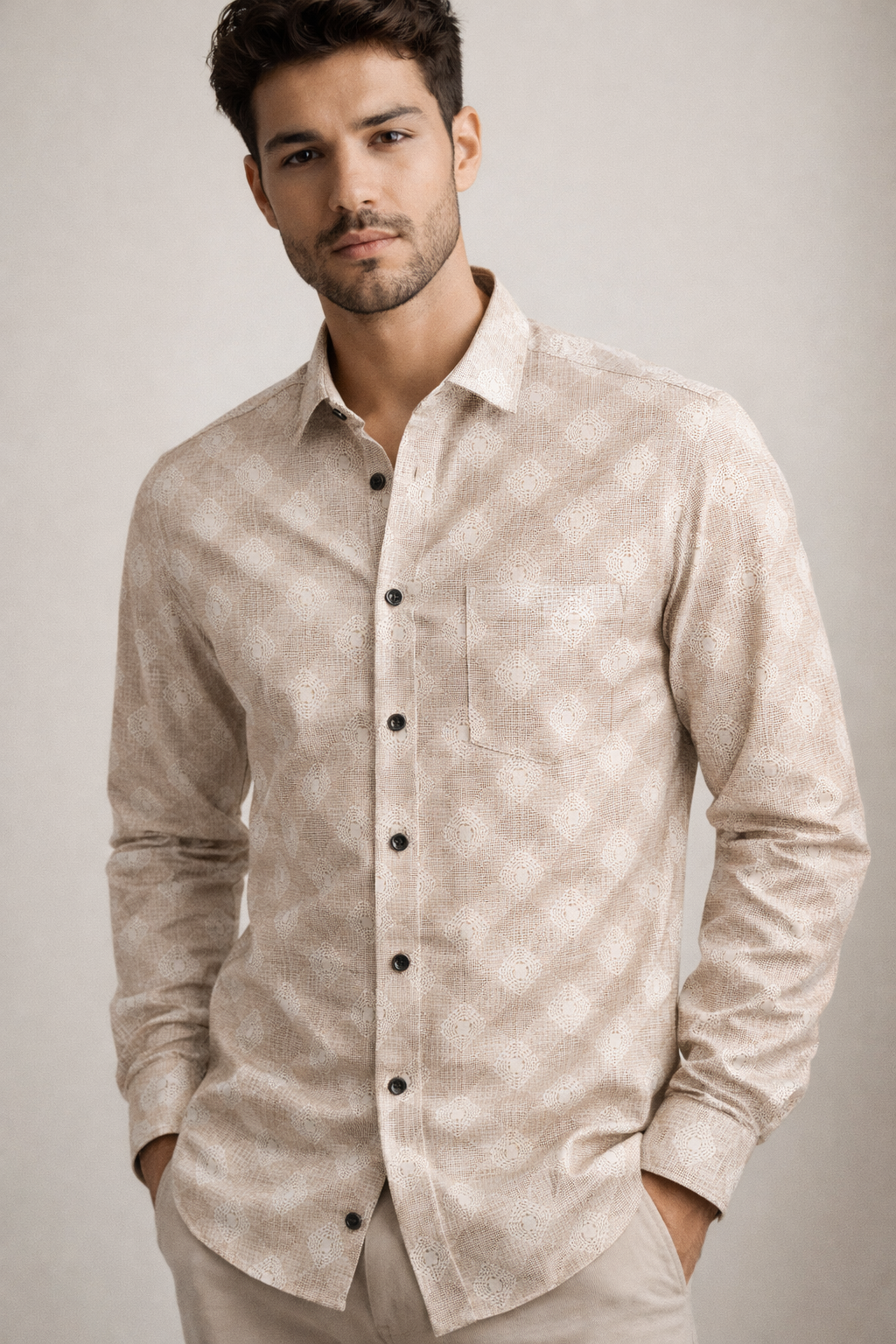 Beige Geometric Pattern Premium Cotton Shirt- 26248