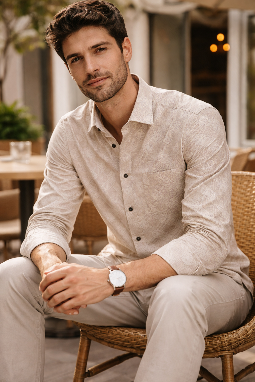 Beige Geometric Pattern Premium Cotton Shirt- 26248