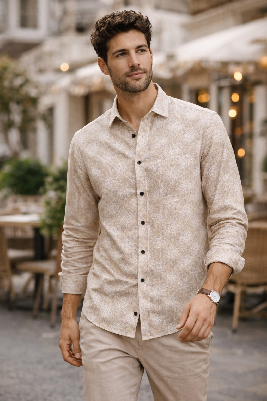 Beige Geometric Pattern Premium Cotton Shirt- 26248