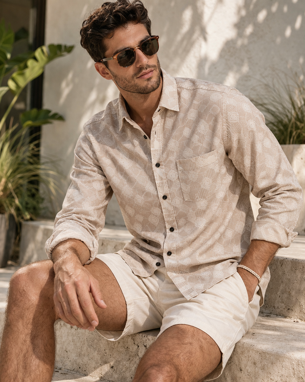 Beige Geometric Pattern Premium Cotton Shirt- 26248