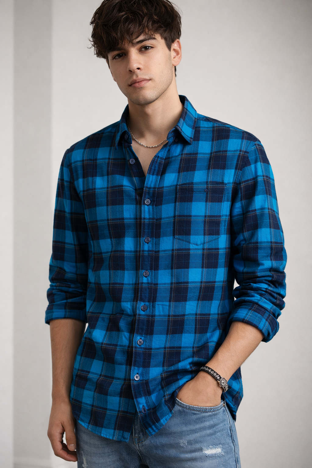 Classic Blue & Navy Plaid Flannel Shirt - 23636