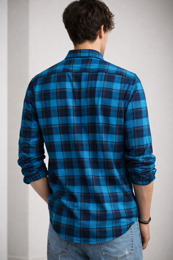 Classic Blue & Navy Plaid Flannel Shirt - 23636