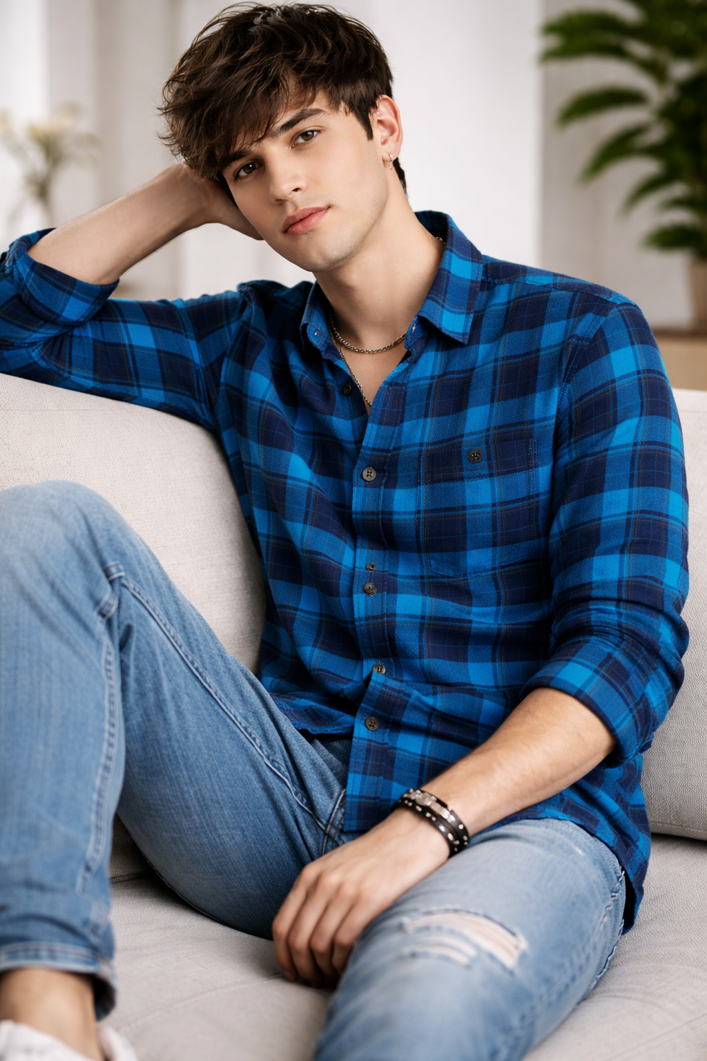Classic Blue & Navy Plaid Flannel Shirt - 23636