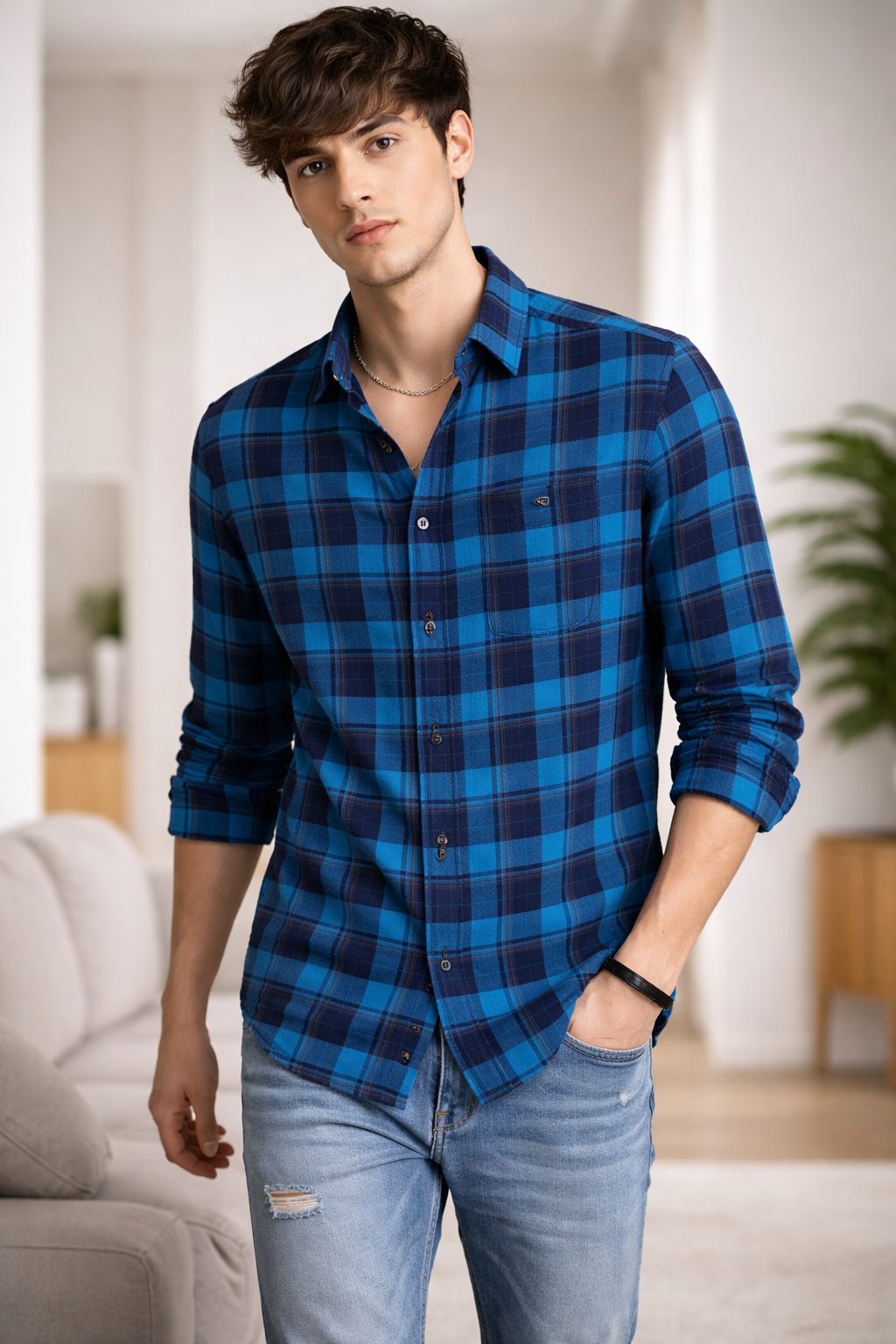Classic Blue & Navy Plaid Flannel Shirt - 23636