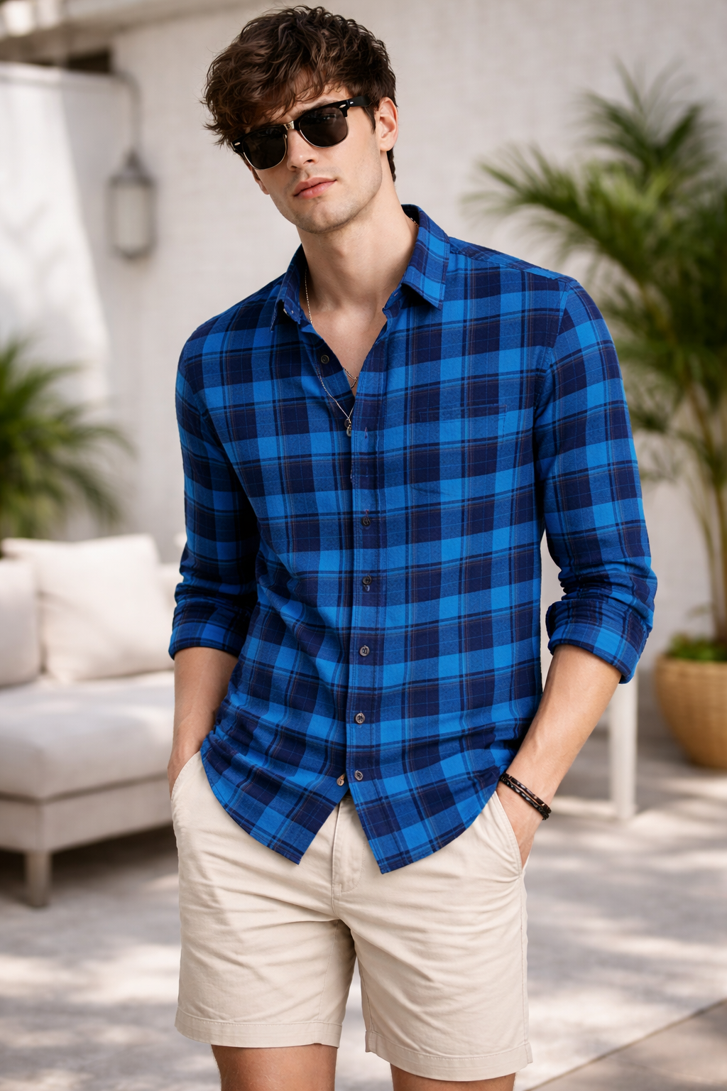 Classic Blue & Navy Plaid Flannel Shirt - 23636