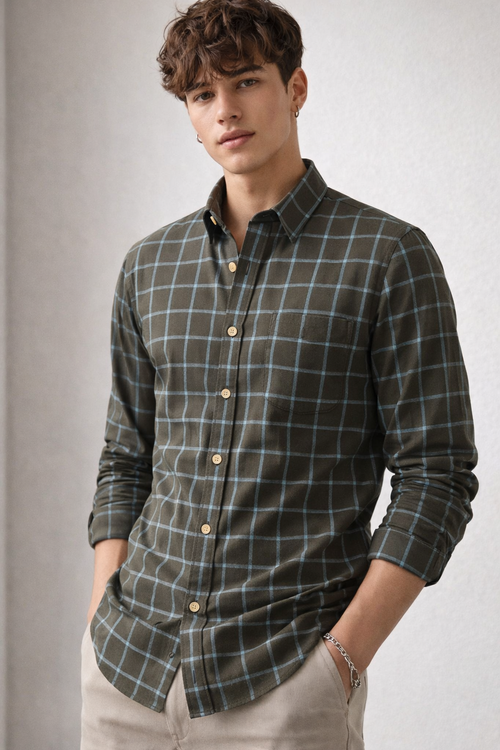 Classic Olive Brown Checkered Casual Shirt - 24461