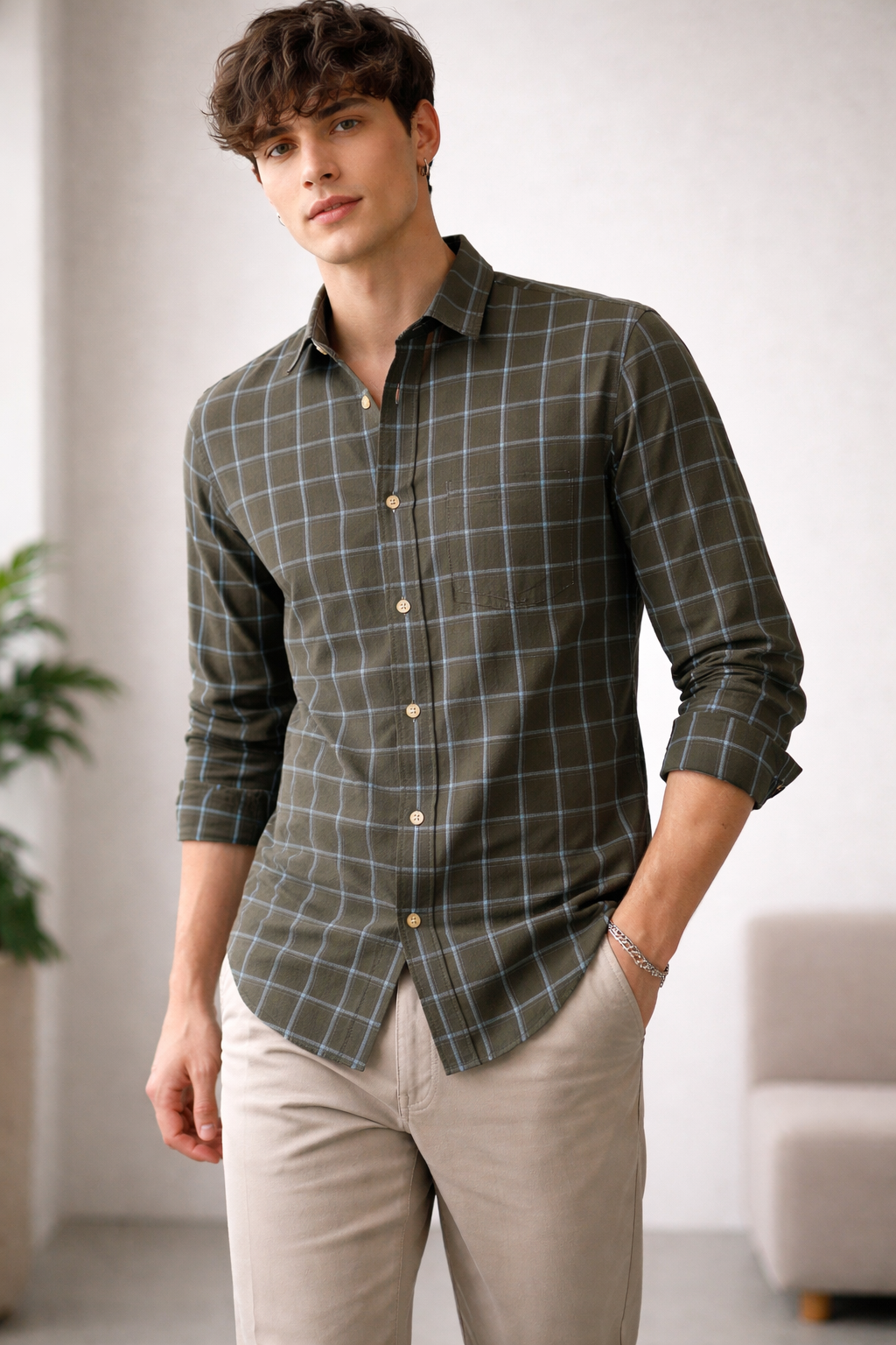 Classic Olive Brown Checkered Casual Shirt - 24461