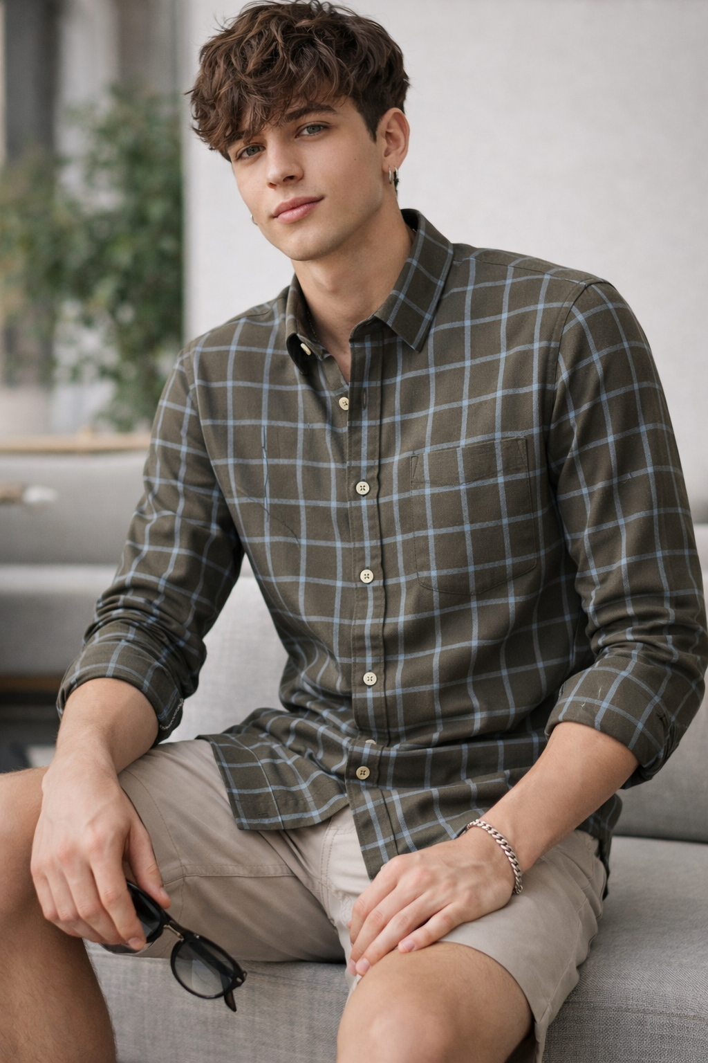 Classic Olive Brown Checkered Casual Shirt - 24461