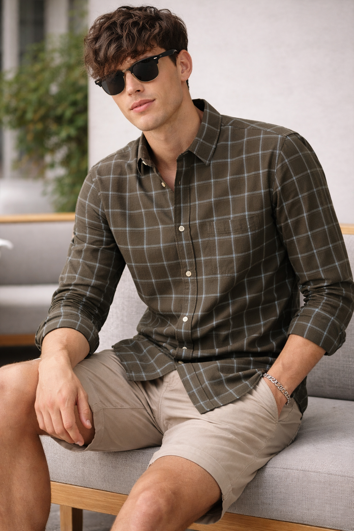 Classic Olive Brown Checkered Casual Shirt - 24461