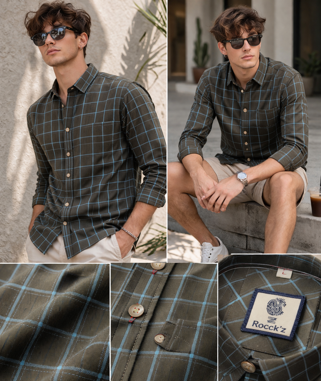 Classic Olive Brown Checkered Casual Shirt - 24461