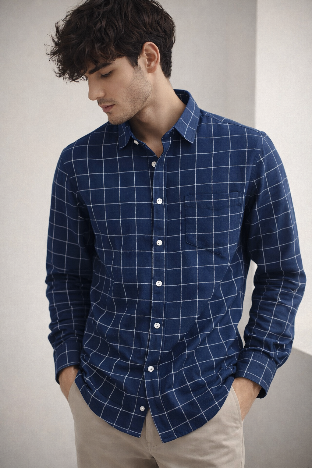 Navy Blue Windowpane Check Shirt - 23204