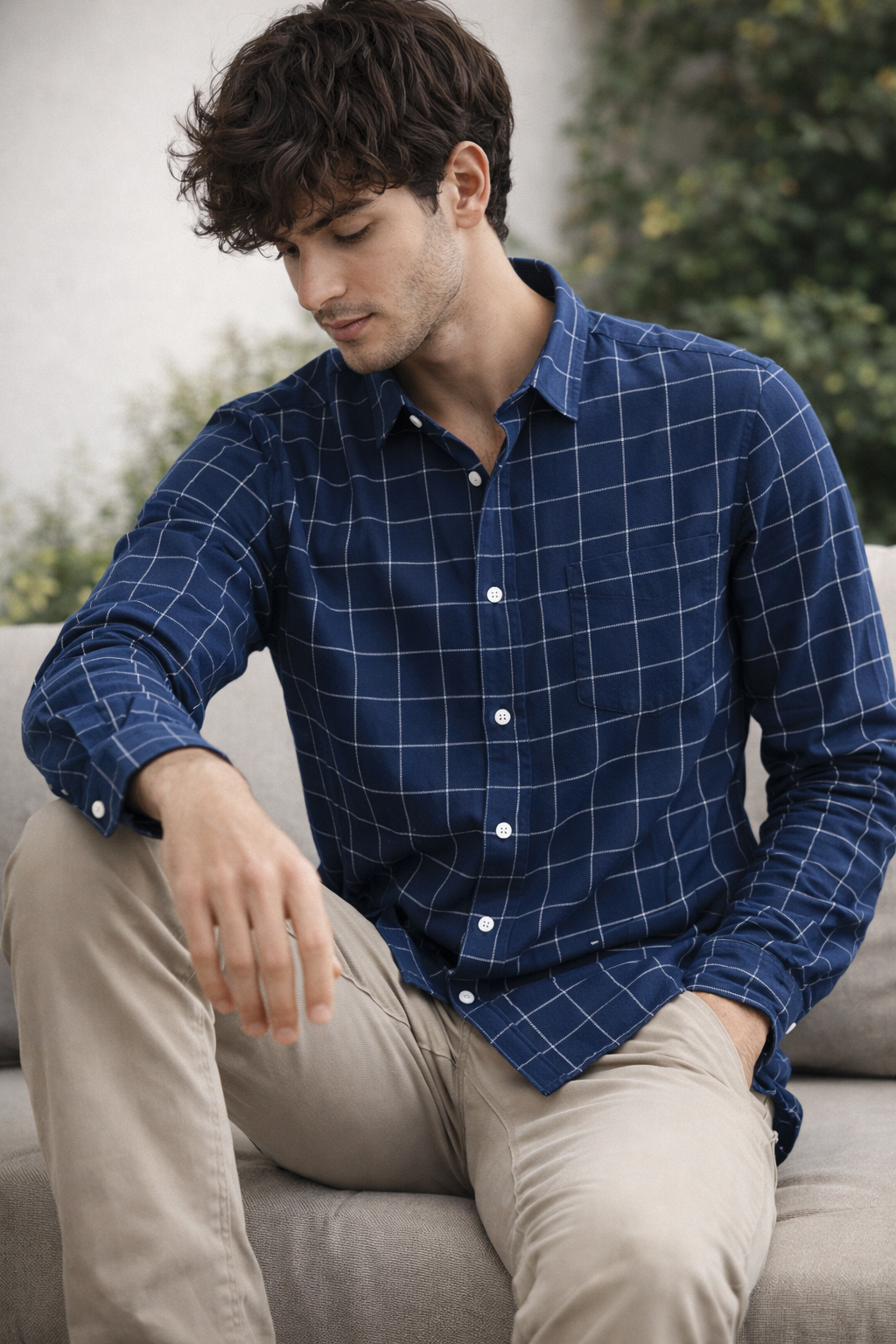 Navy Blue Windowpane Check Shirt - 23204
